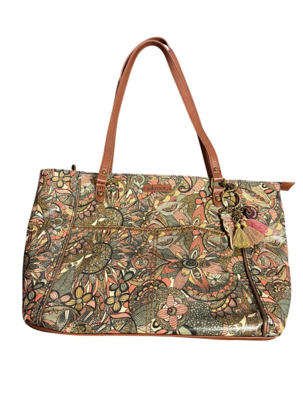 Sakroots Metro Tote Bag Sienna Desert Spirit Owl Charm Brown Faux Leather Flower